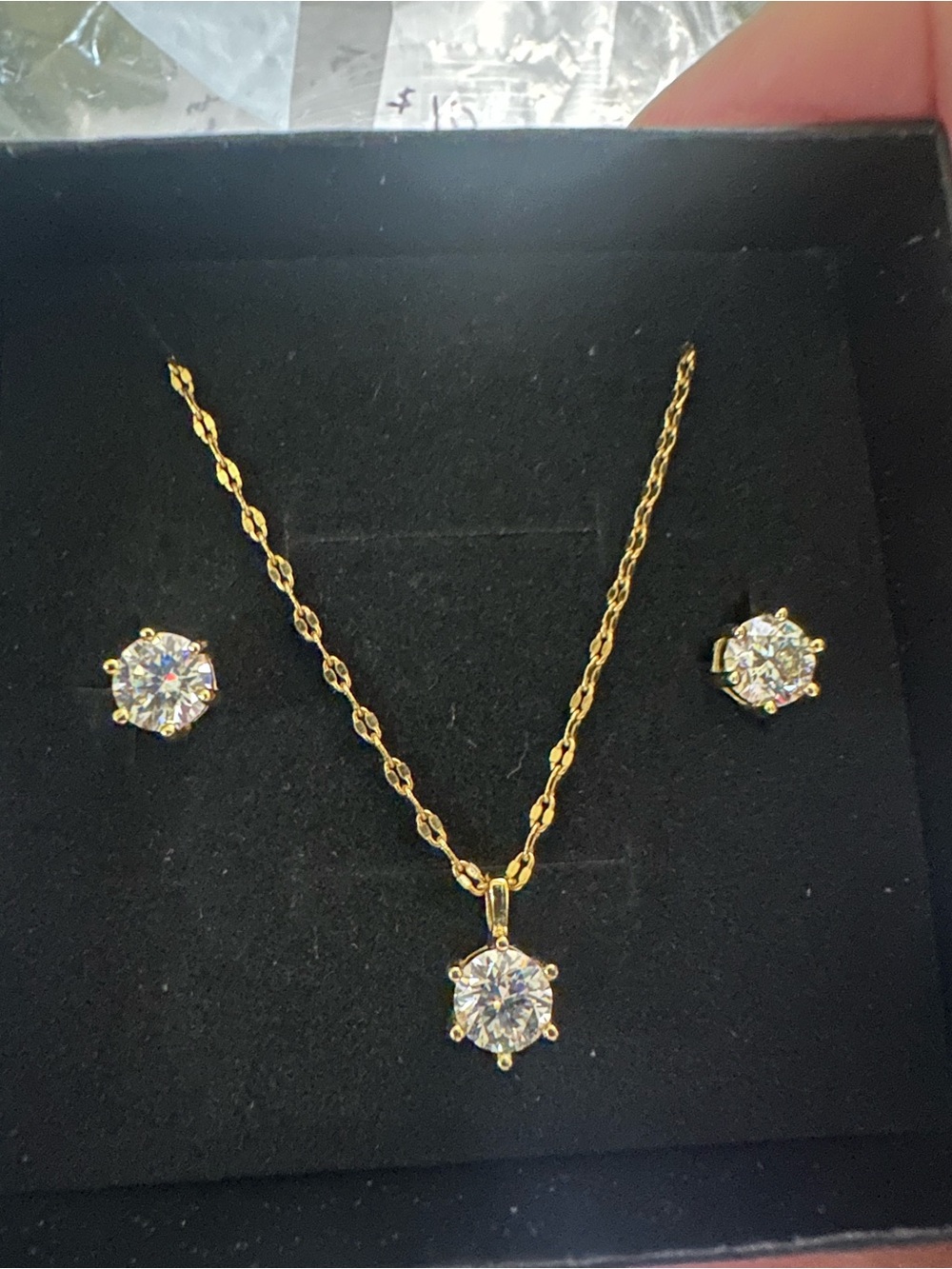 Gold-Tone Pendant Necklace and Stud Earrings Set with Clear Stones - Gold
